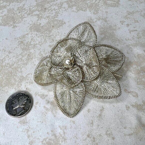 Vintage Silver Mesh Flower Brooch 2.5" Pearl - Picture 2 of 5